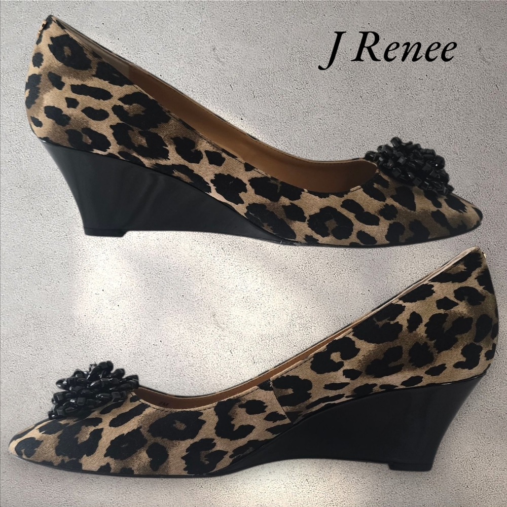 J.Renee Leopard Print Wedge Pumps with Black Accent